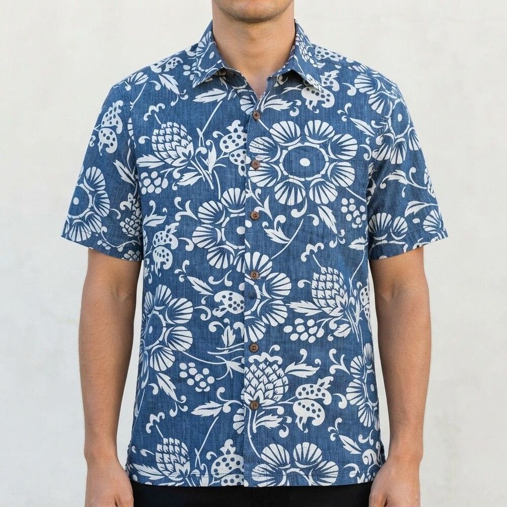 Kahala Dukes Pareo Aloha Hawaiian Shirt Mens XL Blue Short Sleeve Button Up